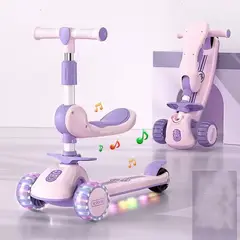 SCOOTER - Para Niños Con Asiento Luces Musical Rosada Rodillera Codera