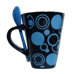 GENERICO - Taza Ceramica Con Cuchara Puntos Azules 2pza