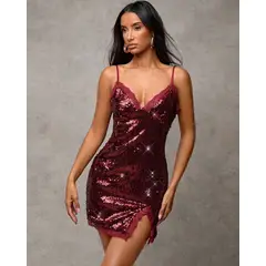 GENERICO - Vestido Encaje Brillos Borgoña Fiesta De Tiras