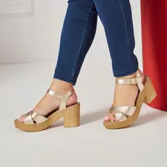 ECCO - Sandalias con Taco Mujer Analu11 Oro Cuero Folia