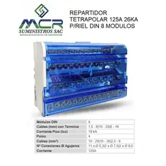 GENERICO - REPARTIDOR TETRAPOLAR 125A 18KA PARA RIEL DIN 8 MODULOS