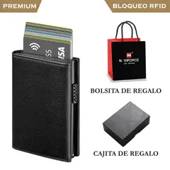 PREMIUM - Billetera Tarjetero Automático Inteligente RFID Anti Robo Cuero Negro