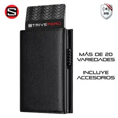 STRIVE - BILLETERA TARJETERO AUTOMÁTICO RFID CUERO TEXTURIZADO MATE NEGRO