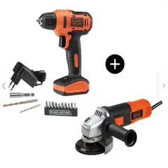 BLACK+DECKER - Taladro Inalámbrico Atornillador 12v+13 Accesorios + Amoladora Angular