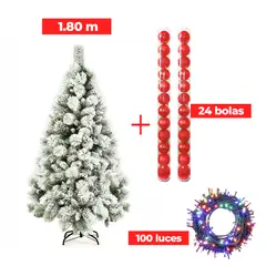 GENERICO - COMBO ARBOL NAVIDEÑO PREMIUM NEVADO 1.80m + 24 BOLAS ROJO + LUCES MU