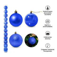 GENERICO - COMBO ARBOL NAVIDEÑO PREMIUM NEVADO 1.80m + 24 BOLAS AZUL + LUCES MU