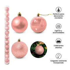 GENERICO - COMBO ARBOL NAVIDEÑO PREMIUM NEVADO 1.80m + 24 BOLAS ROSA + LUCES MU