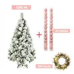 GENERICO - COMBO ARBOL NAVIDEÑO PREMIUM NEVADO 1.80m + 24 BOLAS ROSA + LUCES AM
