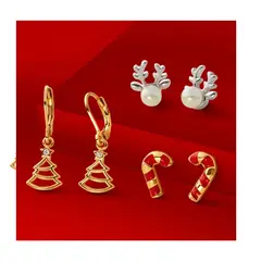 ESIKA - Set Aretes x3 Dulce Navidad - Finart de con baño de oro de 24k