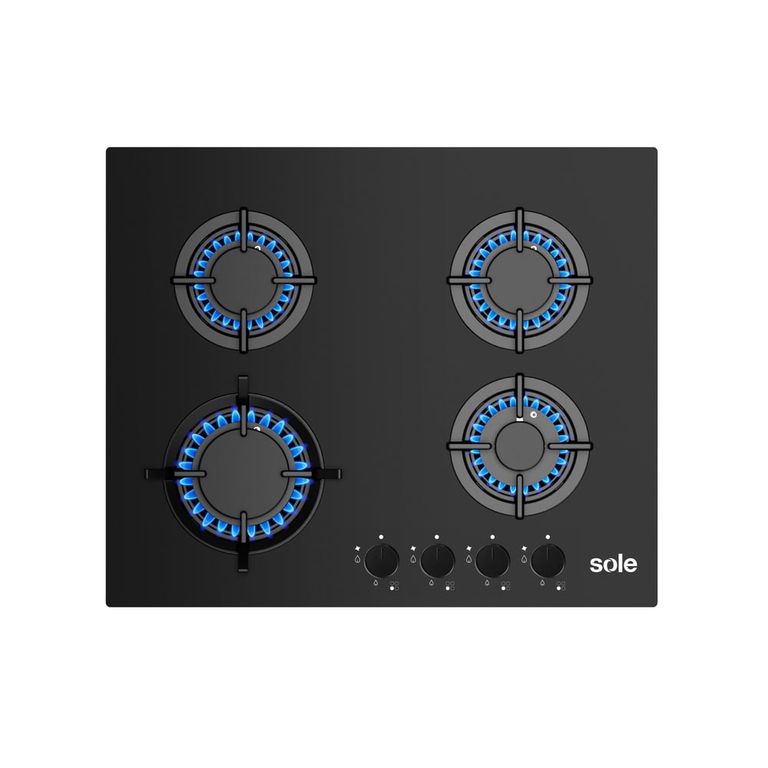 Cocina Empotrable a Gas SOLCO049 con 4 Hornillas de Vidrio Templado, 60 cm, Negro