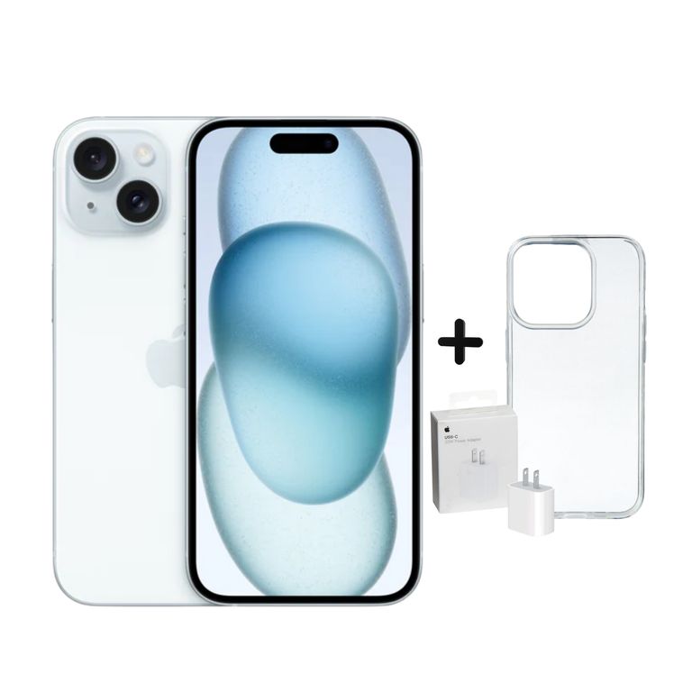 IPHONE 15 128GB CHIP FISICO AZUL + CARGADOR + CASE PROTECTOR