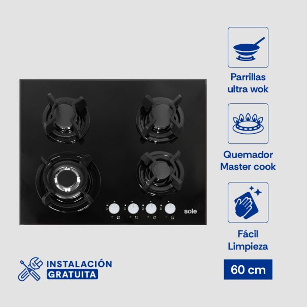 Cocina Encimera SOLCO049 Vidrio Templado 60cm 4 hornillas