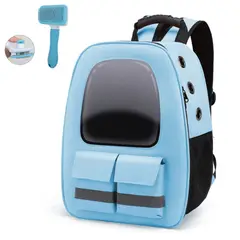 GENERICO - MOCHILA PARA MASCOTAS CON CEPILLO QUITA PELOS CELESTE