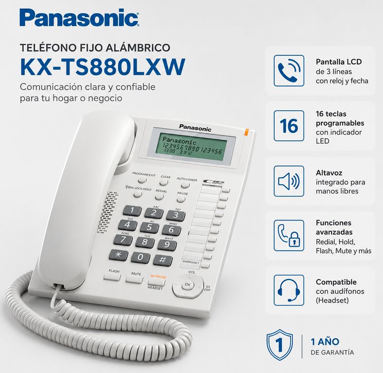 TELÉFONO FIJO ALÁMBRICO BLANCO KX-TS880LXW