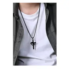 OEM - Collar Hombre Cruz Con Aro Acero Inoxidable 316L Negro