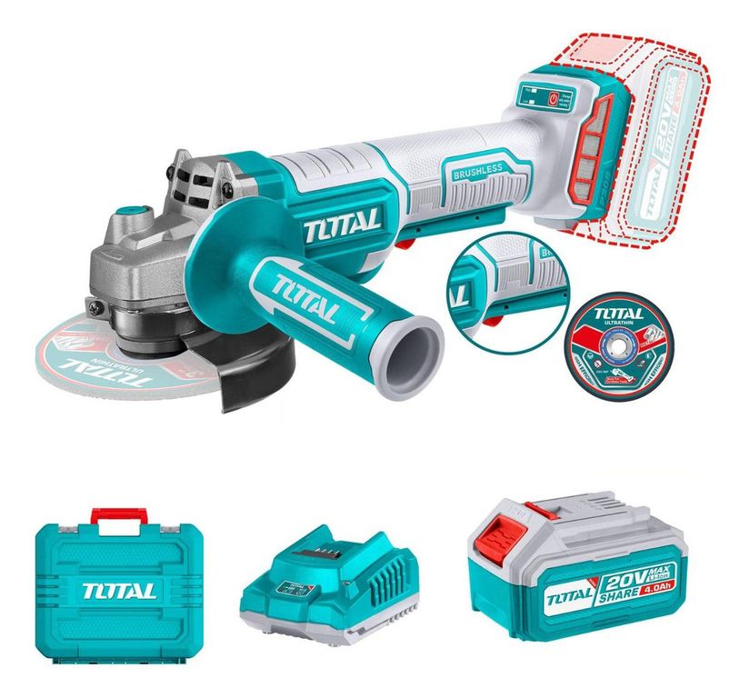 Amoladora Angular 4 1/2 Inc. Bateria Cargador Discos Total