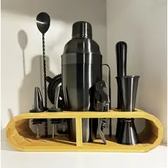 GENERICO - Juego de Coctelera Base de Bamboo– 11 piezas Black Matte