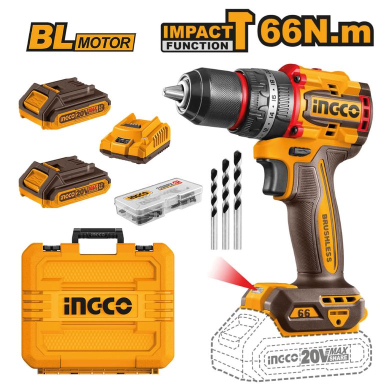 PERCUTOR BRUSHLESS INGCO 20V 66NM + 2 BATERÍAS 2.0AH CIDLI20668