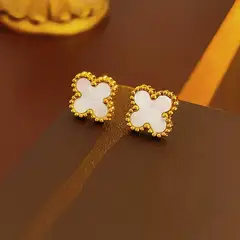 GENERICO - Aretes Trebol Cuatro Hojas con tuercas Blanco