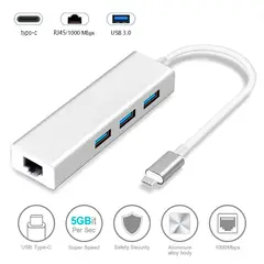 OEM - Adaptador HUB ALUMINIO Tipo C a RJ45 1000 Gigabit + 3 Puertos USB 3.0