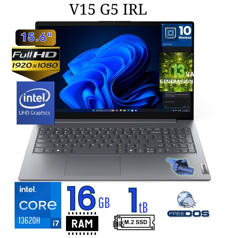 Laptop Lenovo,V15 G5 IRL , intel Core i7 13va Gen, Ram 16GB, SSD 1TB., 15.6 FHD, TN (83GW005FLD  )