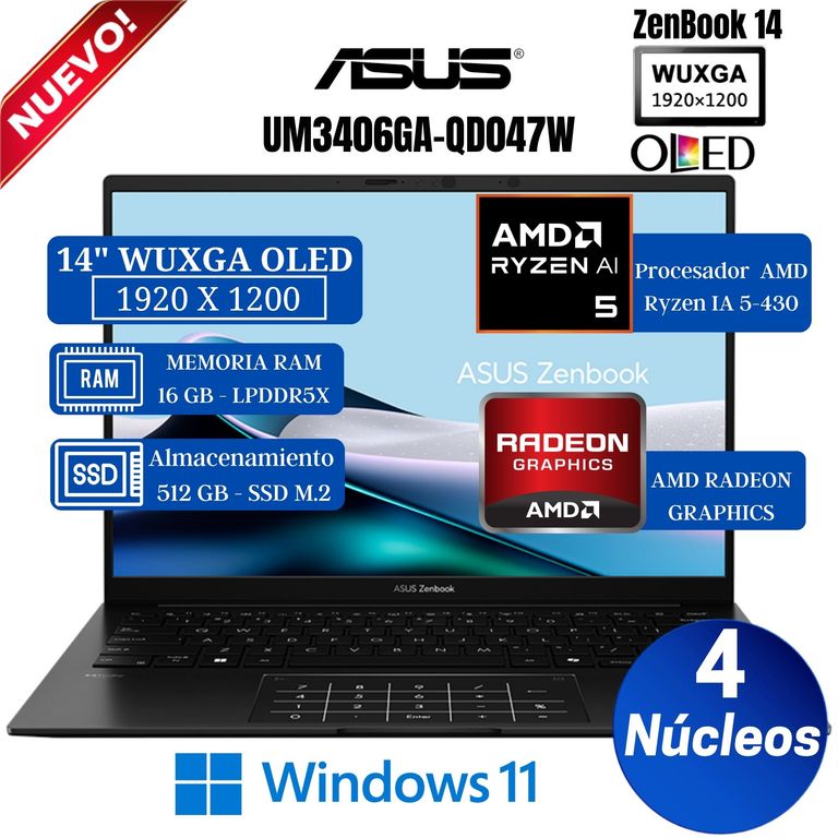 Laptop Zenbook UM3406GA-QD047W 14" WUXGA OLED, AMD Ryzen 5-430, Ram 16GB, Ssd 512GB, Win 11