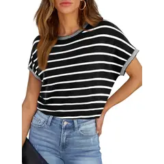 RURUTOTO - Camiseta Manga Corta De Rayas Mujer Negro