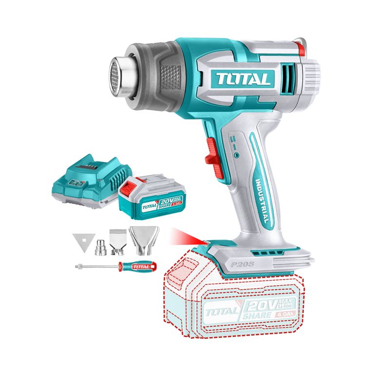 Pistola de calor + bateria 5ah y cargador industrial Total