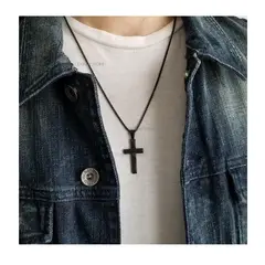 OEM - Collar Hombre Cruz Plana Acero Inoxidable Negro Regala en Cumpleaños