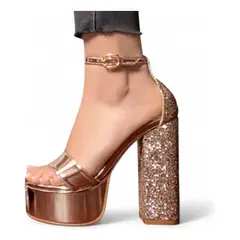 GENERICO - Sandalia Mujer Escarcha Taco 12 2086L-75 Color Dorado