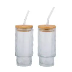 GENERICO - 2 VASOS GLACIAR CON TAPA DE BAMBU Y SORBETE DE VIDRIO 500ML