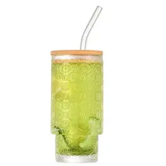 GENERICO - 2 VASOS BOHEMIA CON TAPA DE BAMBU Y SORBETE DE VIDRIO 500ML