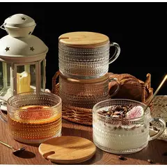 GENERICO - 4 TAZAS VINTAGE DE VIDRIO CON TAPA DE BAMBU Y CUCHARITA 350ML