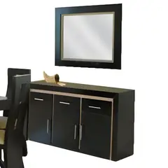 HOGAR & SPACIOS - HYS COMEDOR 8 SILLAS NUBERG APARADOR ESPEJO MARRON OSCURO