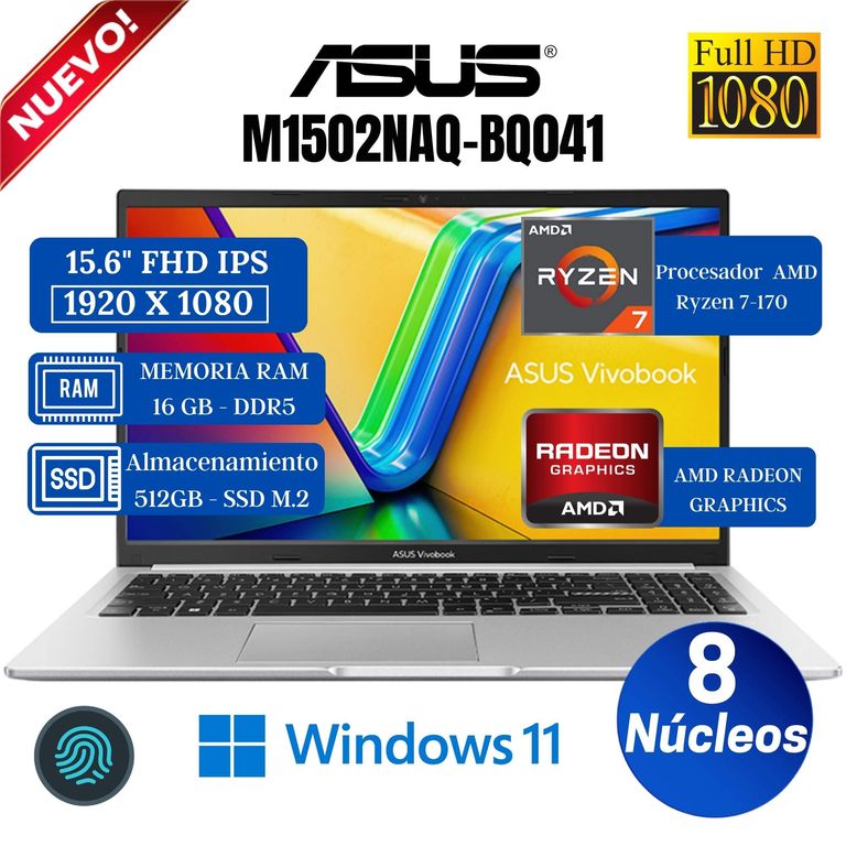 Laptop Vivobook M1502NAQ-BQ041 15.6" FHD IPS, AMD Ryzen 7-170, Ram 16GB, Ssd 512GB, Win 11