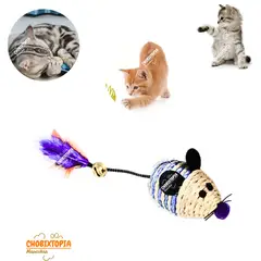 GENERICO - RATON DE PAJA CON PLUMA Y CASCABEL AZUL