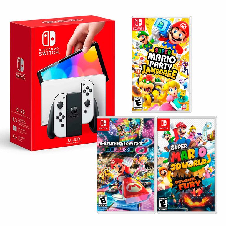 Consola Switch Oled Blanco + Mario Jamboree+ Mario Kart + Mario Fury
