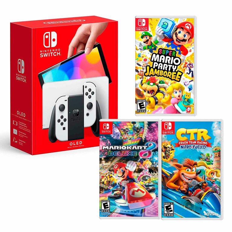 Consola Switch Oled Blanco + Mario Jamboree+ Mario Kart + Ctr