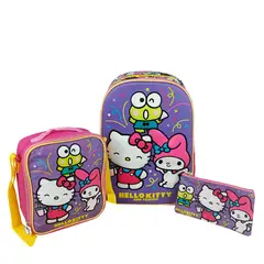SCOOL - MOCHILA HELLO KITTY Y AMIGOS OFICIO LONCHERA CARTUCHERA 3D 3 PIEZAS