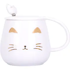GENERICO - Taza de Cerámica Gato Blanco con Tapa y Cucharita – 400 ml