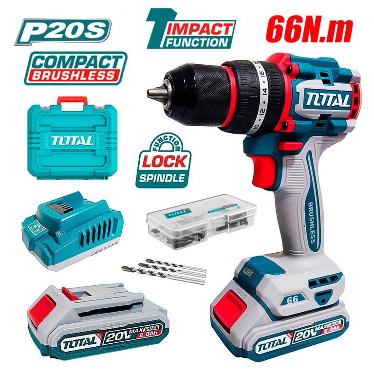 Taladro Atornillador Percutor Industrial ½ TIDLI20668 20V 66Nm 2Bat x 2Ah Brushless