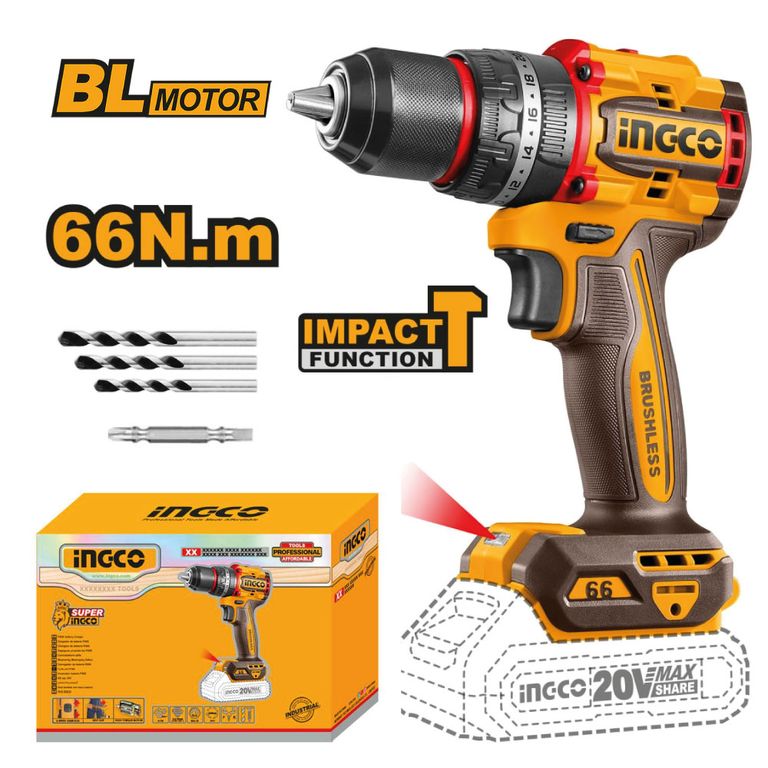 TALADRO PERCUTOR BRUSHLESS CHUCK METÁLICO INGCO 20V 66NM CIDLI206681