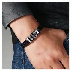 OEM - Pulsera Hombre Cuero Trenzado Franjas Acero Inoxidable 316L
