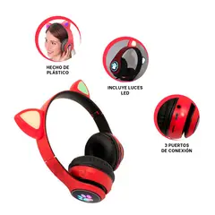 GENERICO - Orejera con Luces Diseño Gato de Rojo Y+Banderitas Adhesivas
