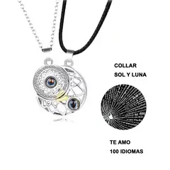 GENERICO - COLLAR MAGNÉTICO PACK 2 EN 1 SOL LUNA PLATEADO 100 IDIOMAS TE AMO
