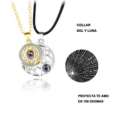 GENERICO - COLLAR PAREJA MAGNÉTICO 2 EN 1 SOL LUNA DORADO PLATEADO 100 IDIOMAS TE AMO