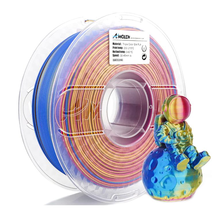 Filamento Tricolor PLA para impresora 3D color Dorado Fucsia Azul