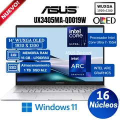 Laptop Zenbook UX3405MA-QD019W 14" OLED WUXGA, Core Ultra 7-155H, Ram 16GB, Ssd 1 TB, Win 11