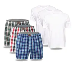 BOSTON - Pack x3 bóxer cuadros + x3 polo cuello redondo blanco
