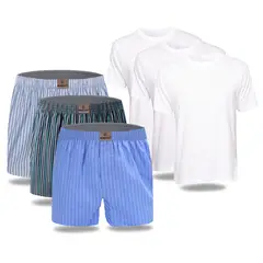 BOSTON - Pack x3 bóxer lineas + x3 polo cuello redondo blanco